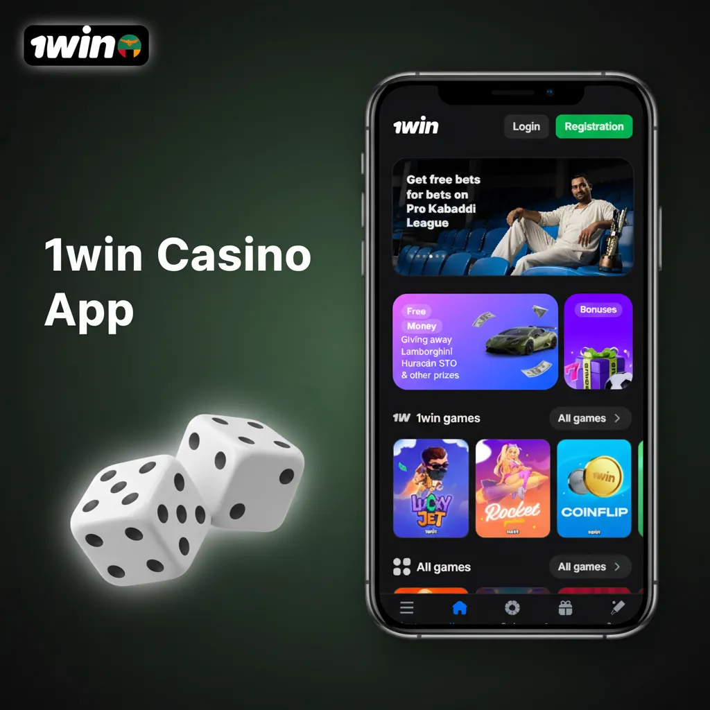 1win Casino app showing casino tab with slots, live dealers, Book of Dead, and promos like free spins and cashback.
